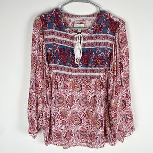 Lucky Brand Tie Neck Peasant Blouse Boho Tassels Large​